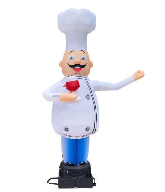 Inflatable character waving hand, Chef with a glass 340 cm with fan for outdoor advertising of a restaurant or gastrobar