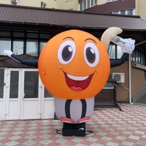 Inflatable character waving hand, Kolobok 340 cm with fan for outdoor advertising of a dumpling shop, cafe or establishment with traditional cuisine