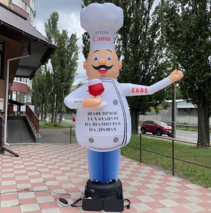 Inflatable character waving hand, Chef with a glass 340 cm with fan for outdoor advertising of a restaurant or gastrobar