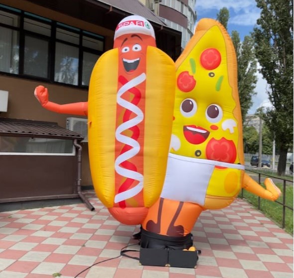 Inflatable character waving hand, Pizza hot dog 340 cm with fan for outdoor advertising of cafes and fast food