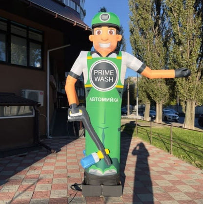 Inflatable figure Car Washer 340 cm in a light green suit with a fan outdoor advertising