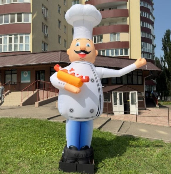Inflatable character waving hand, Chef with hot dog 340cm with fan for outdoor fast food advertising