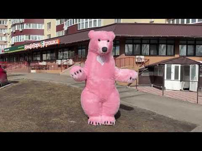 Inflatable pink bear costume 240 cm with soft long fur, built-in fan and battery