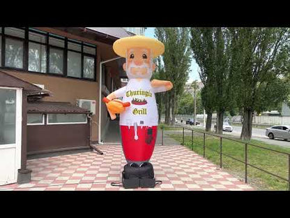 Inflatable character waving hand, Chef with hot dog 340 cm with fan for outdoor advertising of restaurant or cafe